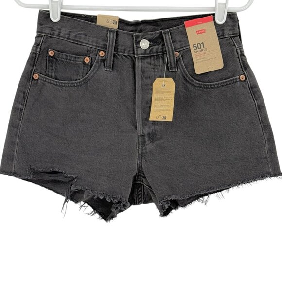 Levi's 501 Women's Frayed Hem Button Fly High Rise Black Denim Shorts Sz 26 NWT - Picture 1 of 11